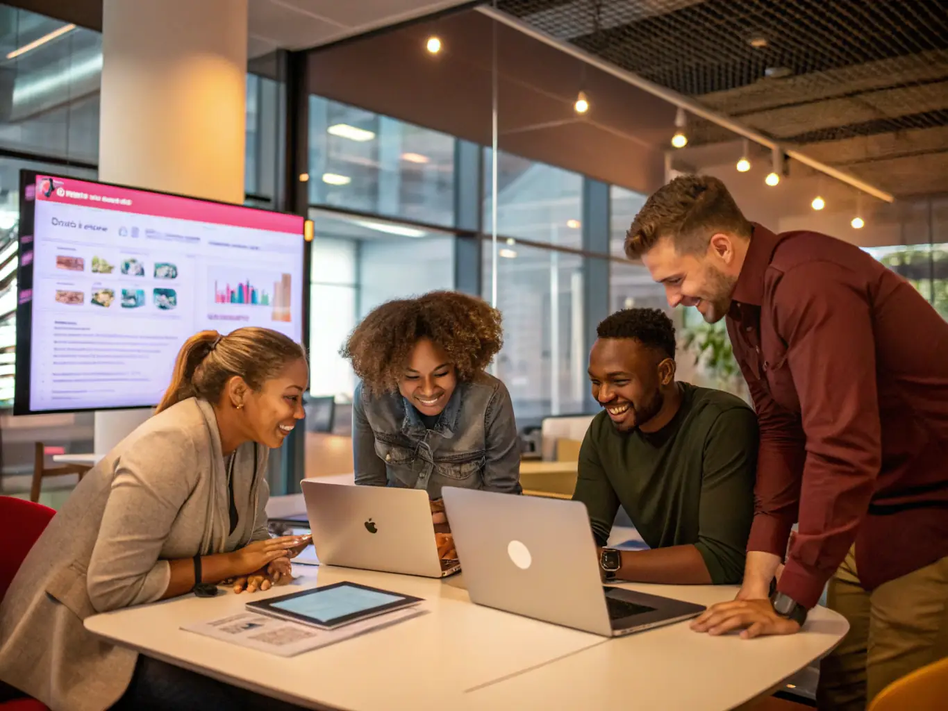A creative team designing social media posts and ad visuals on computers, representing content creation and campaign management.
