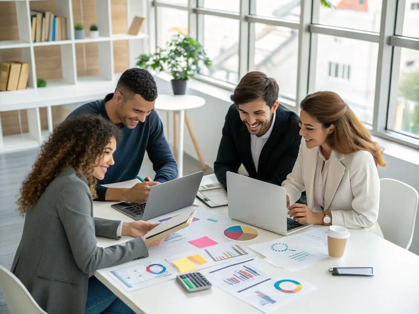 An image of a team brainstorming around a table with charts and digital devices, representing digital strategy consulting.