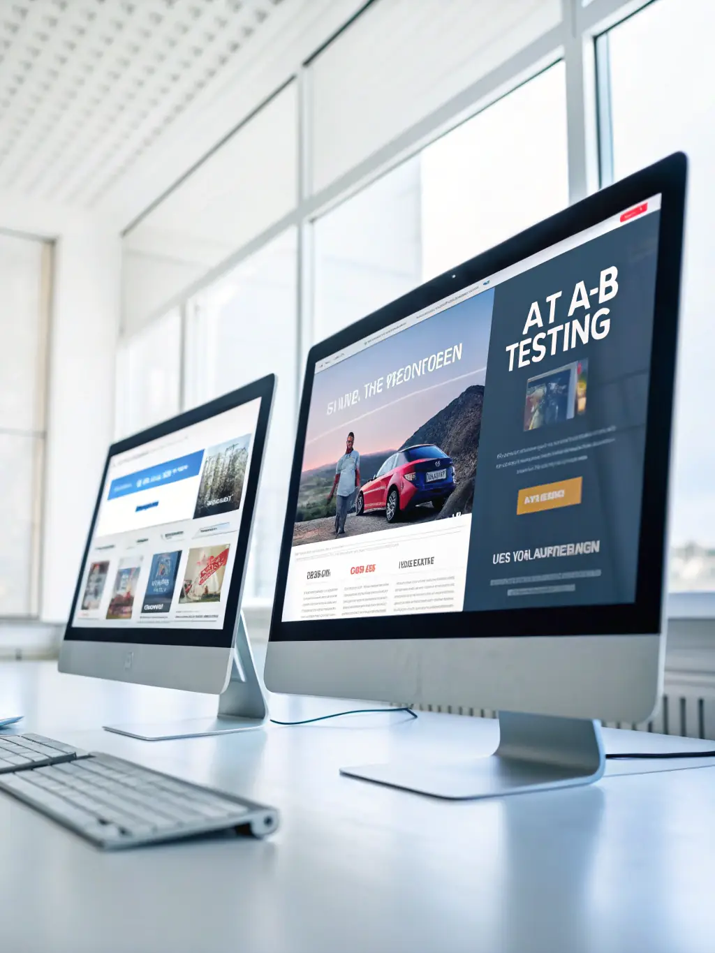 A graphic illustrating the A/B testing process used for TechStart's app promotion, showing different ad versions and their respective click-through rates.