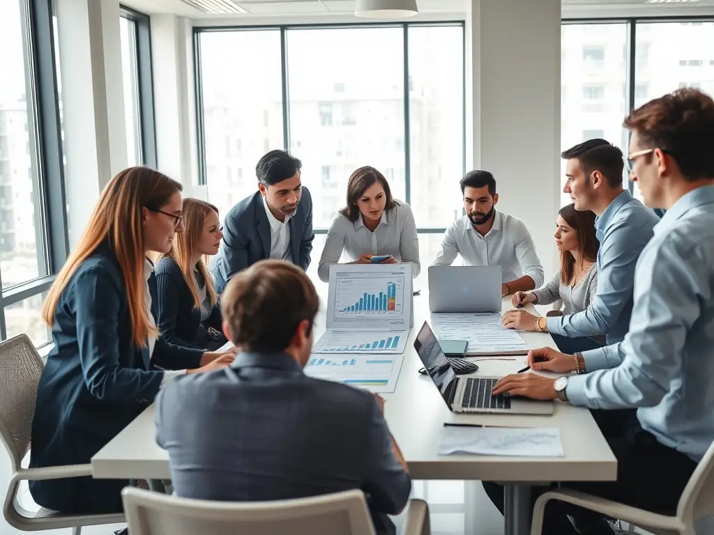 A professional workspace with team members collaborating on a digital marketing strategy, showcasing data analytics and campaign planning.